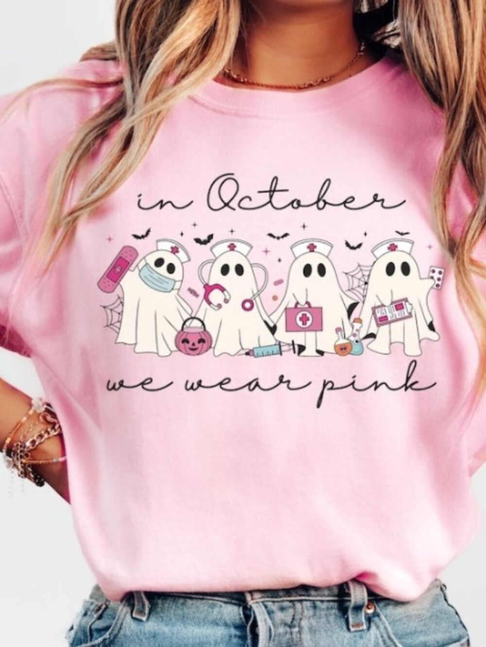 In October We Wear Pink Ghost Nurse Halloween Shirt, Oncology Nurse Tee